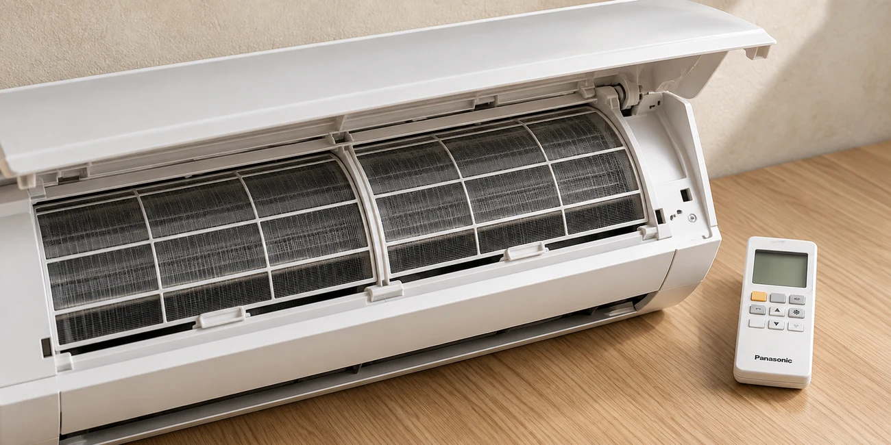 Air conditioning filter and remote control, illustrative maintenance image