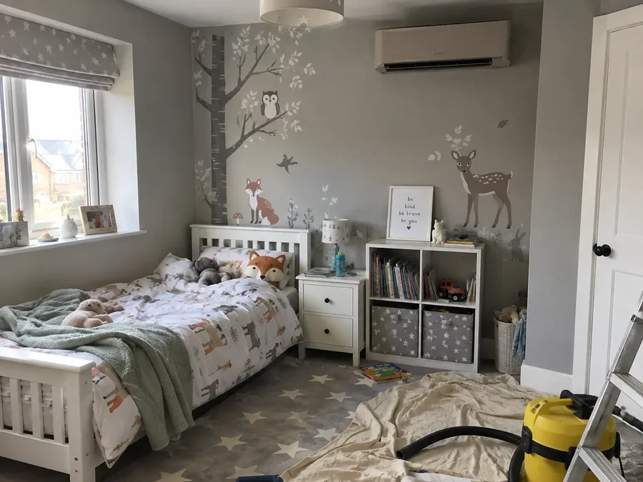 Child's room during fitting: dust sheet across the floor, vacuum out, unit already on the wall