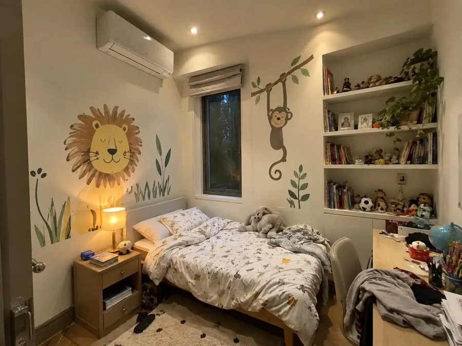 Child's room by lamplight with the air conditioning fitted