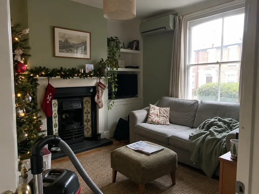 Family living room with a period fireplace and the air conditioning fitted