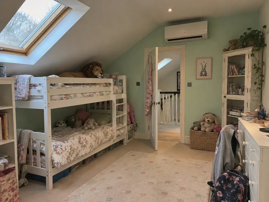 Attic room with bunk beds and the air conditioning fitted