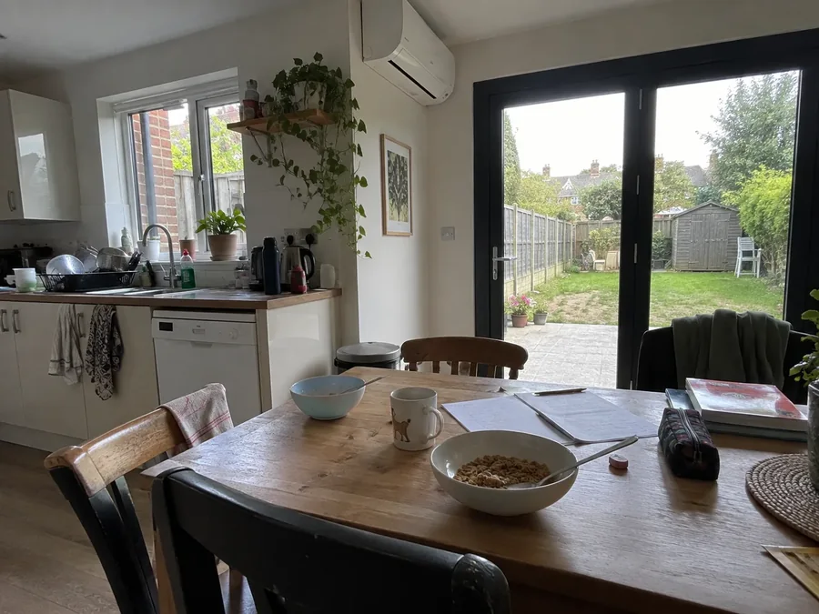 Kitchen extension looking onto the garden, unit above the glazed doors