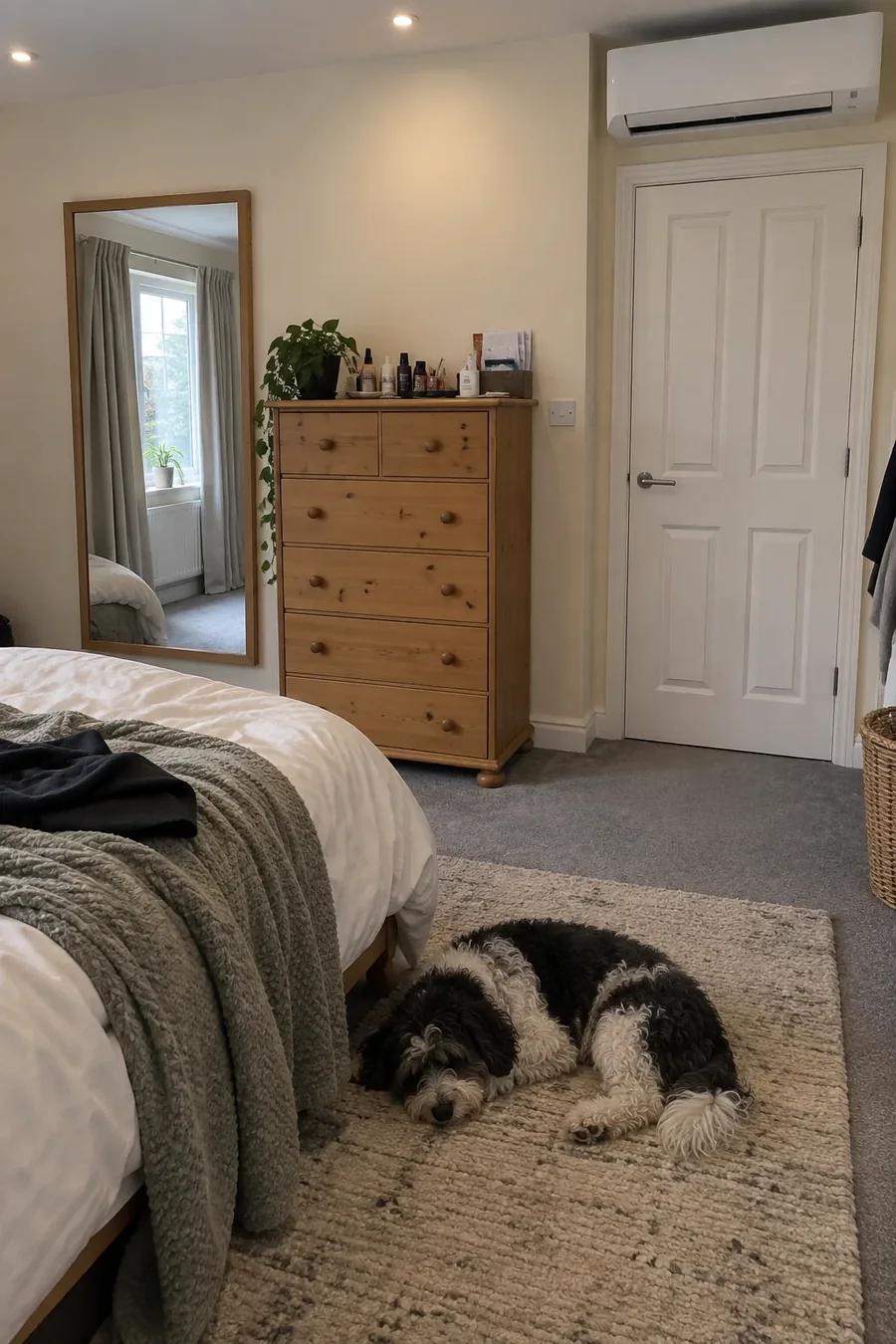 Bedroom with the air conditioning fitted and a dog asleep on the bed
