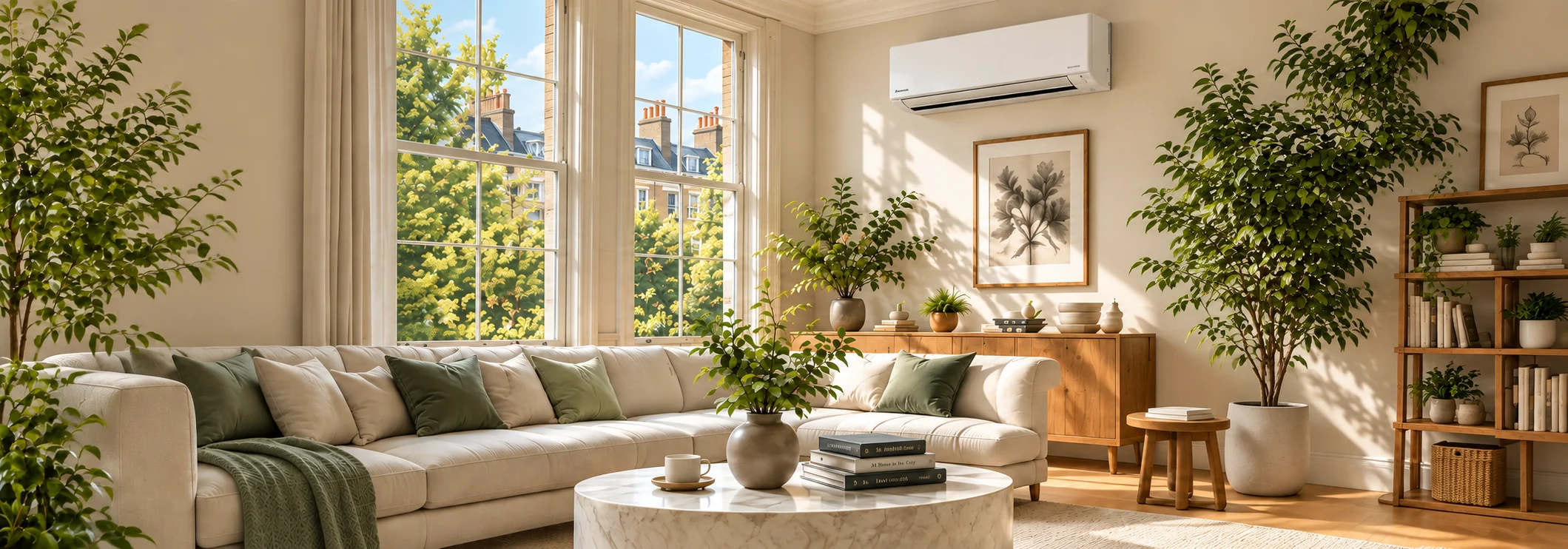 A London living room with a discreet wall-mounted air conditioner