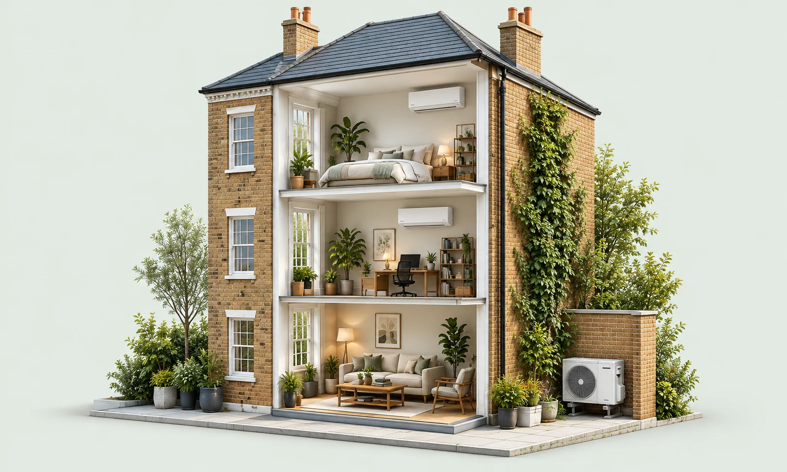 Cutaway of a London house showing indoor units, pipework and an outdoor condenser