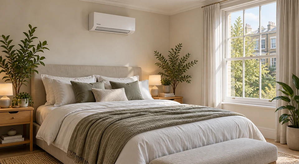 A bedroom with a wall-mounted indoor unit above the bed