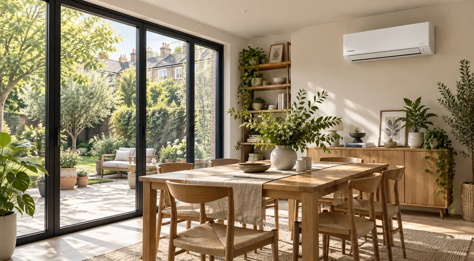 A living and dining room with an indoor unit high on the wall