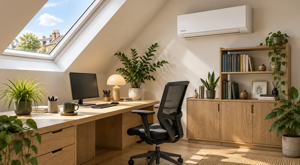 An attic home office with an indoor unit under the sloping ceiling