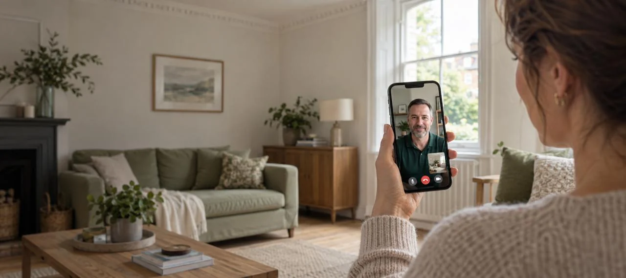 Someone holding up a phone in their living room, on a video call with an engineer